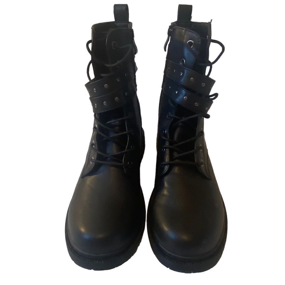 Wanted Dynamic Black Combat Boots w/Side Buckle & Studded Details in Ladies 8.5
